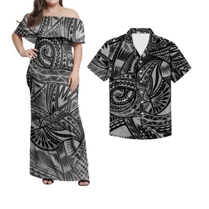 真新しい黒のストラップレスドレスポリネシアの部族魅力的なカップルスーツ高品質の女性半袖ドレスメンズシャツ