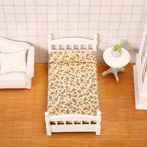 Casa de muñecas de juguete de madera a escala 1:12, muebles en miniatura y dormitorio de bolsillo para comida con flor Pastoral y accesorios de escena de cama individual - Product Image 3