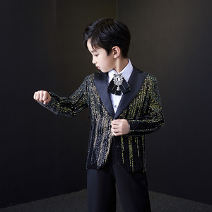 In Stock elegante Set da smoking da ragazzo scintillante abito formale nero con paillettes dorate vestito da servizio fotografico 3 pezzi - Product Image 4