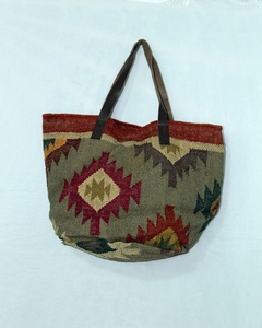 Antique Handmade Indian Tote <b>Bag</b> Women Cotton Jute Leather <b>Strap</b> Bohemian Vintage Style Large Capacity Lightweight <b>Shoulder</b> <b>Bag</b> - Product Image 1