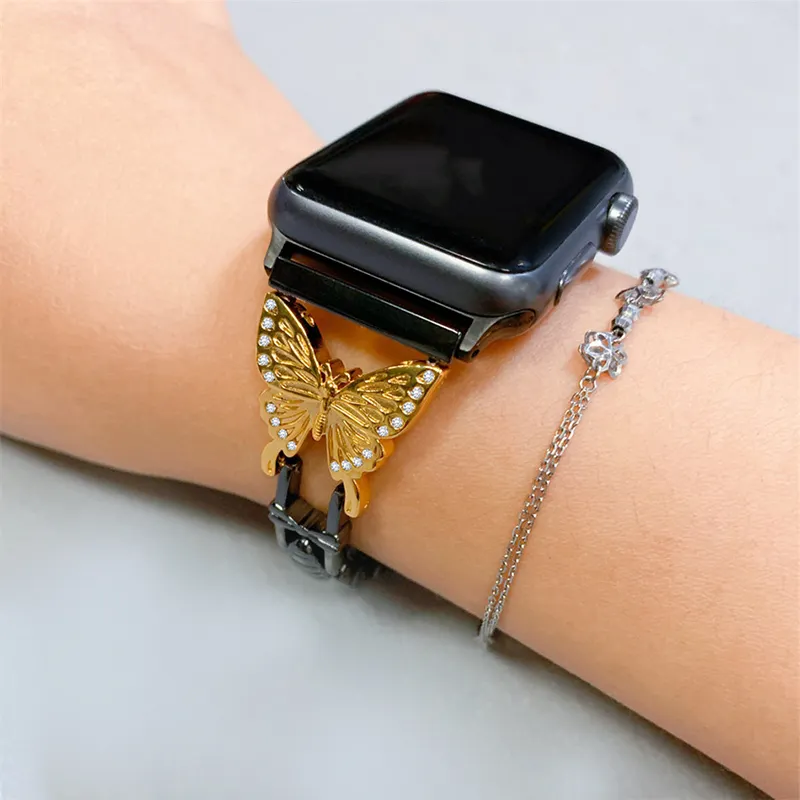 Diamond-Encrusted Lady 22MM Stainless Steel Bracelet Strap For Apple Watch Band 40MM 44M Metal Chain Watchbands