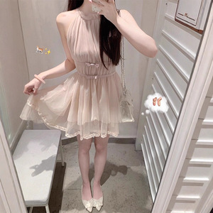 Pink Halter Neck Bow Dress <b>Elastic</b> Waist Mini <b>Skirt</b> Daily Casual Style - Product Image 2
