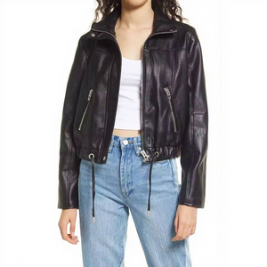 <b>Womens</b> Real Black <b>Leather</b> <b>Jacket</b> Funnel Collar Zip Front Drawstring Hem Cinch Coat Custom Winter Warm Ladies Outerwear Apparel - Product Image 1