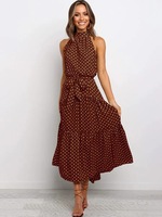 Gaun Maxi Musim Panas Polkadot Manis Kasual Ramah Lingkungan Hitam Seksi O-Neck Tanpa Tali Kuning Sundress Pakaian Liburan untuk Wanita