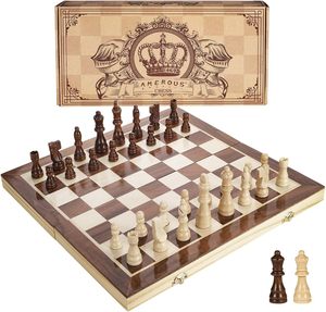 Jeu d'échecs magnétique en bois <span class=keywords><strong>de</strong></span> 15 pouces - 2 reines supplémentaires - Plateau pliable - Compartiments <span class=keywords><strong>de</strong></span> rangement pour <span class=keywords><strong>les</strong></span> pièces, jeu d'échecs portable fait main pour <span class=keywords><strong>les</strong></span> voyages - Product Image 1