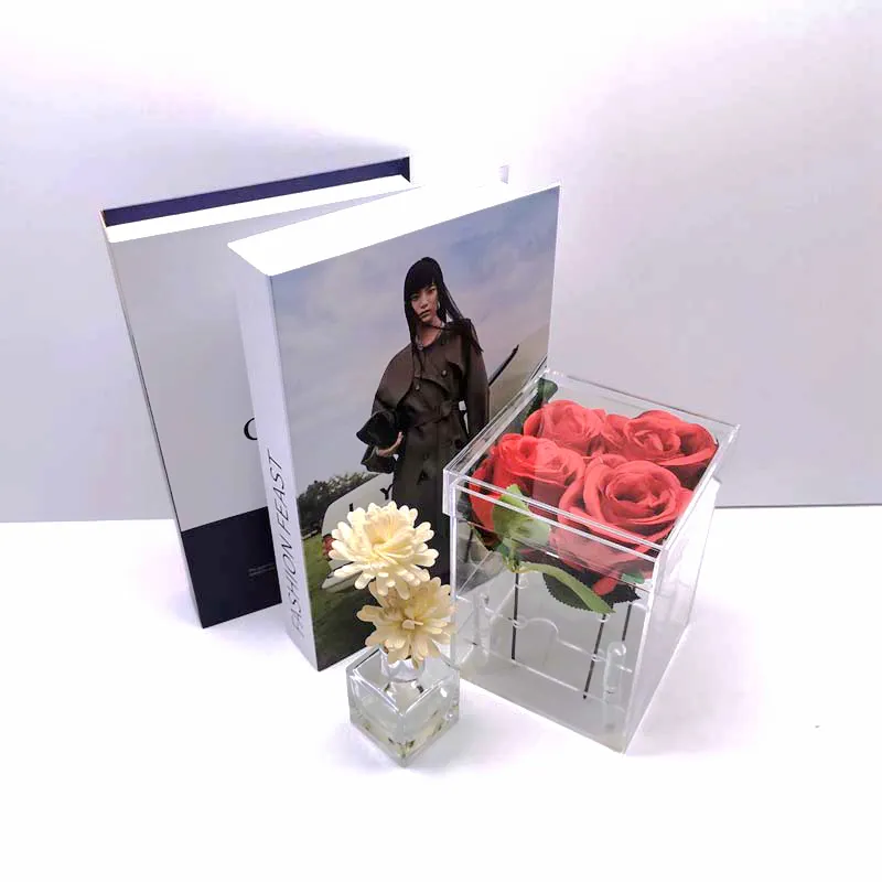 Caja de regalo de flores acrílicas de 4 agujeros, cajas de exhibición de flores rosas para decoración del hogar, bodas
