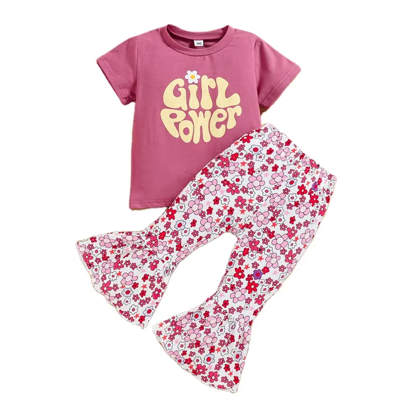 Meisjes Casual Set Baby Korte Mouwen T-Shirt Zomer Bell Bottoms Bedrukte Letters Baby Meisjes Kleding Set Zomer Kinderen Baby