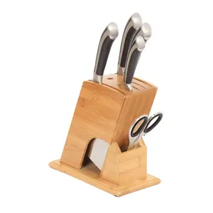 Suporte de bloco de faca de bambu sem facas, suporte de facas de cozinha para açougueiro de bancada, suporte para facas de lâminas grandes múltiplas