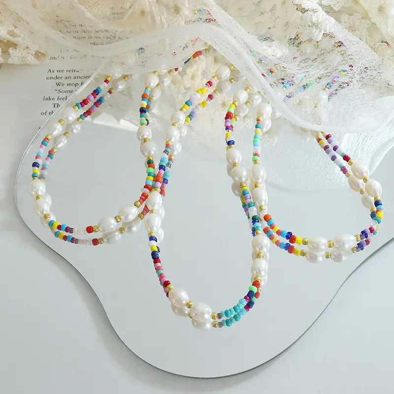 Cross-border hot selling fashion trend Bohemian colorful glass beads natural freshwater pearl necklace