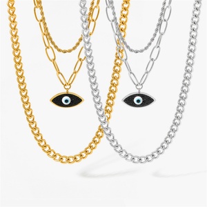 Collar con Colgante de Ojo HipHop, Cadena de Tres Capas con Circonita Negra, para Mujer - Product Image 1