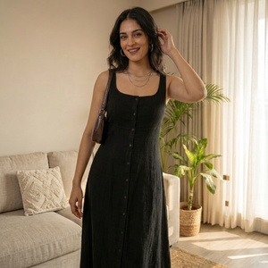 <b>Black</b> Sleeveless Cotton Denim Midi <b>Dress</b> <b>Button</b> Up Fitted Casual <b>Dresses</b> For Women Featuring Lightweight Fabric Fashionable - Product Image 1