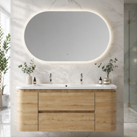 Meuble-lavabo de salle de bain moderne de luxe en bois naturel courbé, gain de place, double vasque, miroir LED intégré pour appartement et suite parentale