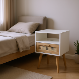 Comodino Moderno in Rattan con Cassetto, Finitura Naturale, Gambe in Legno Massello, Arredamento per Camera da Letto - Product Image 2