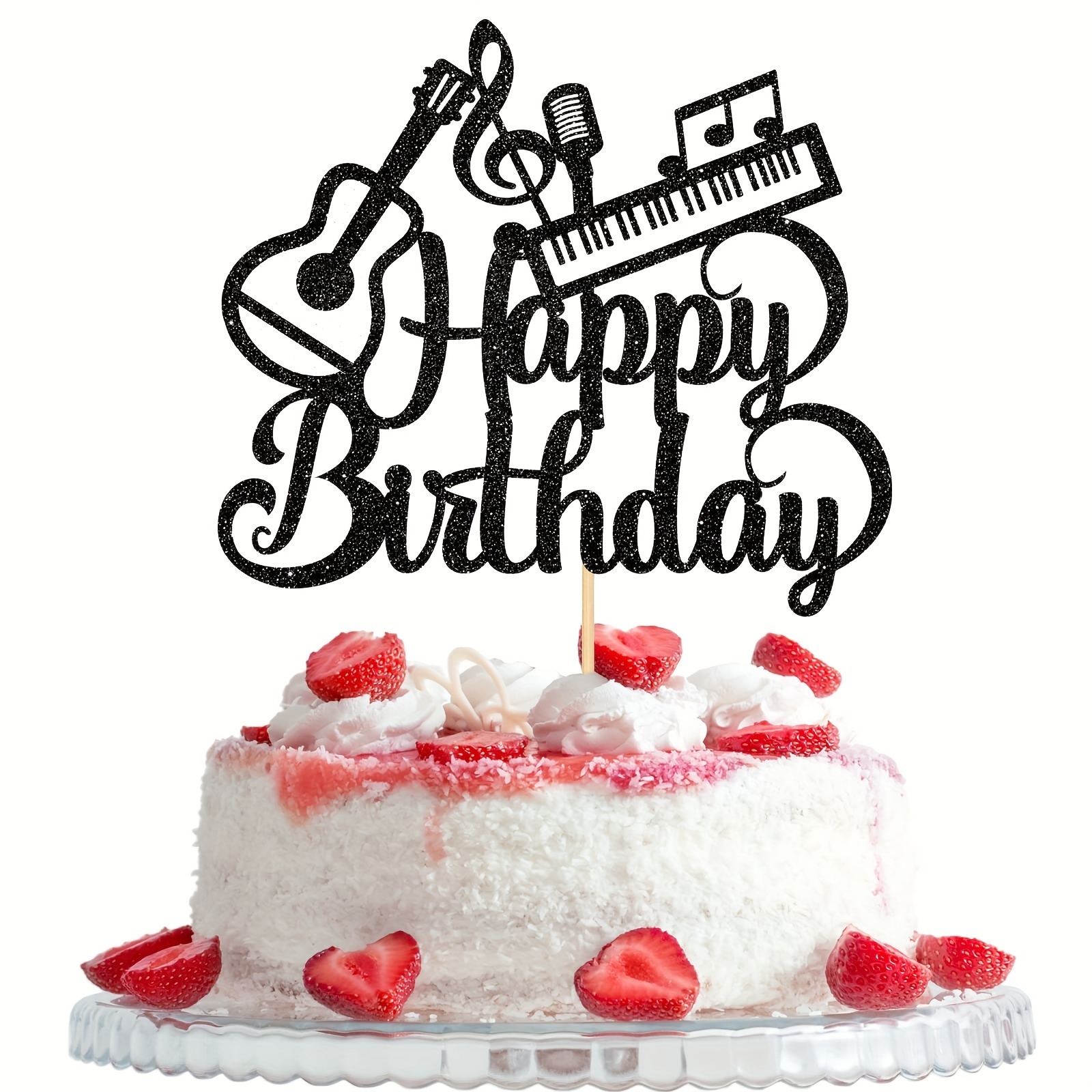 Piano Happy Birthday Cake Topper - Black Glitter Music Notes Decoration For Musicians & Music Lovers