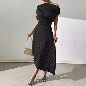 Robe longue plissée décontractée à manches courtes pour femme, en satin couleur unie, coupe ajustée et asymétrique, idéale pour les soirées et clubs – Collection Printemps-<span class=keywords><strong>Été</strong></span> - Product Image 4