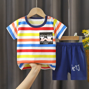 Ensemble short à manches courtes rayé décontracté pour enfants petit sous-vêtement en coton pour bébé d'été de taille moyenne T-shirt à col pour garçons et filles - Product Image 6
