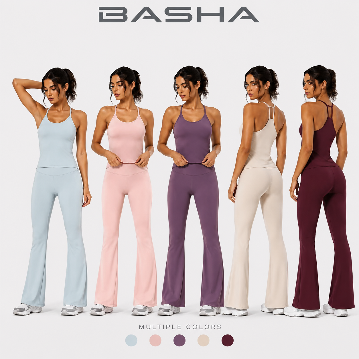 BASHAsports Women Yoga Sets Gym Clothes Fitness Apparel Nylon Spandex Vest with Chest Pads Flared Pants Custom Logo