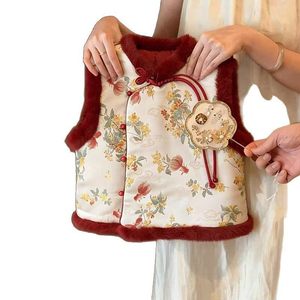 Traditional Chinese Quilted Winter Vest For Baby Girls Thickening New Year Outfit With Floral Pattern And Fur Trim - Product Image 5