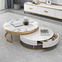 Ensemble de tables basses gigognes modernes de haute qualité en acier inoxydable pour salon, avec tiroir de rangement en bois, table centrale ronde pour le thé