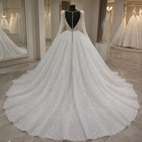 Robe de mariée de bal à manches longues bouffantes, entièrement en dentelle à sequins, col carré, grande taille, personnalisable, vente en gros, fleurs