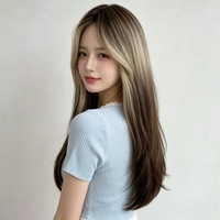 Perruque coréenne naturelle fabriquée à la machine, sans dentelle, très vendue, avec franges effet dessin animé, mèches, cheveux longs, filet rose, effet mat soyeux et volumineux
