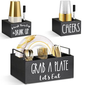 Đen vuông gỗ giấy tấm Dispenser 2 cup Holders microwavable nhà bếp đồ dùng khăn ăn chủ truy cập dao kéo Caddy tổ chức - Product Image 1