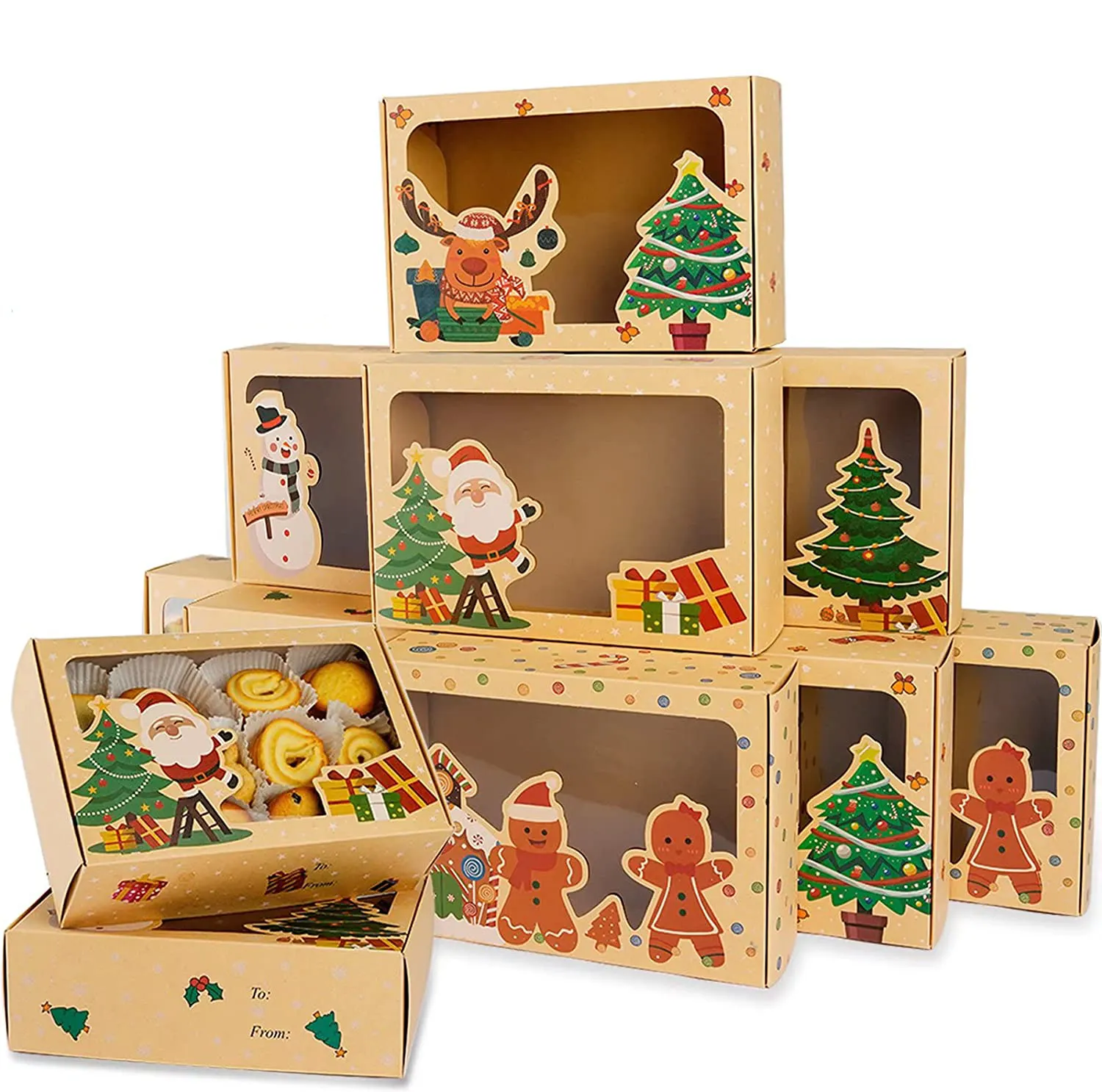2023 Navidad papel Kraft embalaje Cajas de Regalo pastel Cupcake galleta caramelo Chocolate cajas de embalaje con ventana