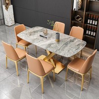 Ensemble de table à manger moderne en dalle de roche blanche avec 6 chaises en métal inoxydable pliables pour hôtel, banquet, mariage, famille, salon, maison