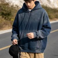 Nouvel arrivage : Sweat à capuche streetwear vintage en molleton bouclette épais, délavé soleil et usé, avec transfert thermique perlé