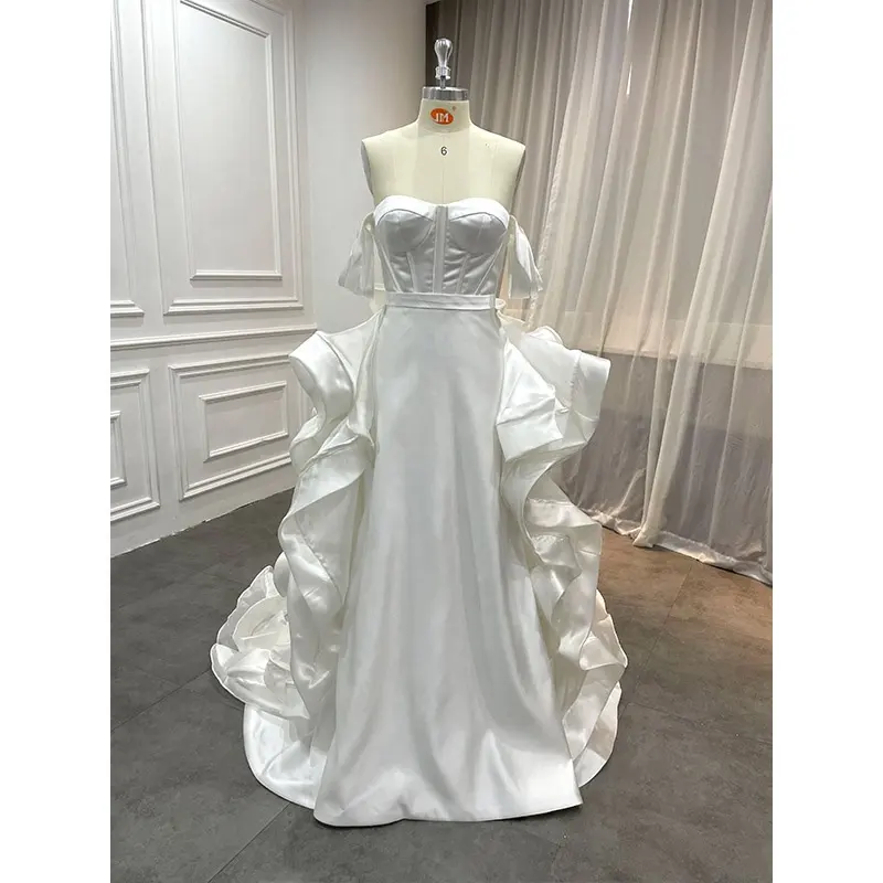 Wholesale Corset Off Shoulder Silk Organza Wedding Gown Elegant Off Shoulder Ruffled Wedding Dresses with Detachable Train