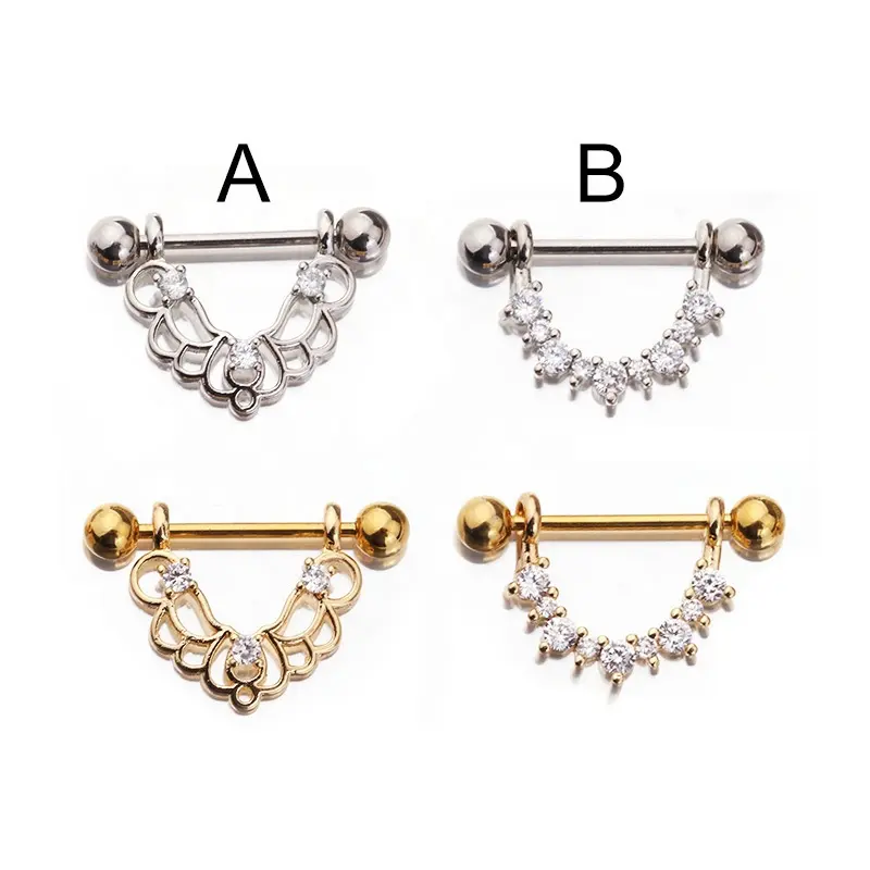 Body Piercing Jewelry Gold Plating Color Stainless Steel Nipple Rings Tongue Rings CZ Crystal Barbell Cartilage Earrings