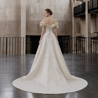 Gaun Pengantin Mewah Model Ball Gown Off Shoulder 3D Rose Champagne Jacquard Lace Ukuran Besar Custom Grosir Pabrik