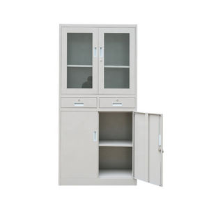 <span class=keywords><strong>Armoire</strong></span> de rangement de bureau en acier blanc et gris à 2 portes avec façade en verre et tiroirs, design minimaliste, casier à dossiers pour espace de vie ou de bureau - Product Image 4