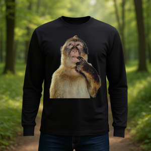 Thinking Monkey Meme Camiseta de manga larga unisex para adultos, talla grande, diseño de cuello redondo de algodón negro - Product Image 3