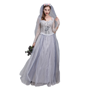 Robe de mariée fantôme pour femme, costume d'Halloween, jupe en tulle à manches longues avec voile et couronne de fleurs, déguisement fantaisie - Product Image 5