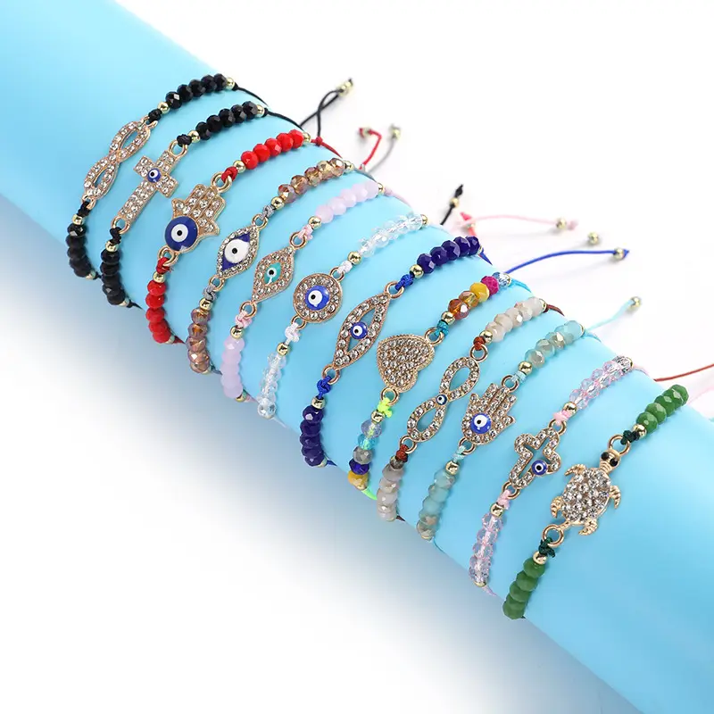 Pulsera ajustable de aleación de cristal, cuerda tejida de arcilla suave con tarjeta, ojo malvado, 12 Uds., gran oferta