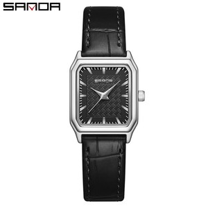 Sanda 1121 Rectangle Quartz <b>Watch</b> Stainless Steel Case Leather Strap Analog Dial Roman Numeral Unisex Elegant Fashion Wristwatch - Product Image 1