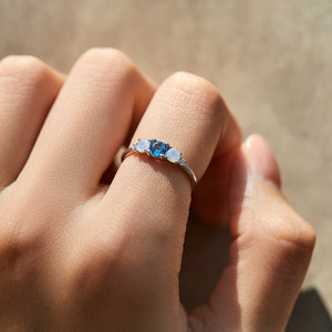 Three Stone <b>Opal</b> <b>Ring</b> 925 Sterling <b>Silver</b> Prong Setting Round Brilliant Cut Diamond Women's Classic Engagement <b>Ring</b> - Product Image 3