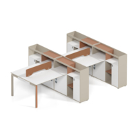 Poste de travail modulaire croisé pour 4 personnes, avec cloison bicolore, bureau pour personnel avec rangement supérieur et armoires latérales verrouillables
