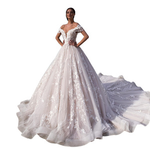 High Waisted V Neck Floral Ball Gown Wedding Dress With Straps Short Sleeve White Polyester JM001 - Product Image 5