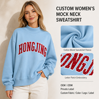 Sweat-shirt décontracté pour femme en molleton mélangé de coton, col montant, avec broderie lettre appliquée et épaules tombantes, vente en gros