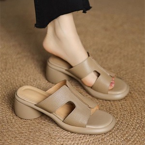 Foreign Trade Women's Open <b>Toe</b> Chunky <b>Heel</b> Mid <b>Heel</b> Thick Sole Slip-On Sandals Cowhide Leather Polyurethane Outsole Outdoor - Product Image 4