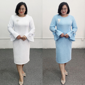Ensemble de vêtements sur mesure pour femmes, taille plus, robe formelle bleue à nœuds aux poignets, longueur genou, pour l'église - Product Image 3