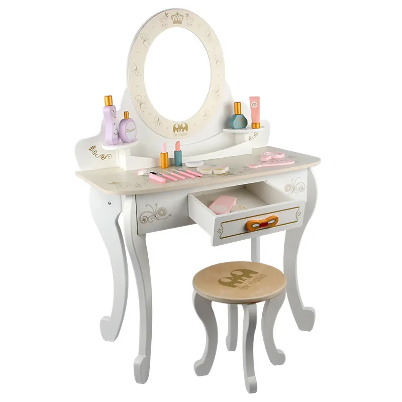 Top Sale Simulation Makeup Tool Table Nordic Style Girls Cosmetic Toy Set White And Pink Wooden Dressing Table
