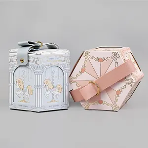 Carrusel degradable con mango hexagonal, regalo de papel, caja de dulces para Baby Shower, boda, cumpleaños, fiesta, regalos, embalaje