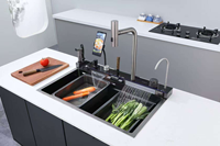 Nouvelle Évier de Cuisine Intelligent Multifonctionnel en Acier Inoxydable SUS304 Noir Nano Grain de Riz, Effet Cascade, Vente Chaude 2026