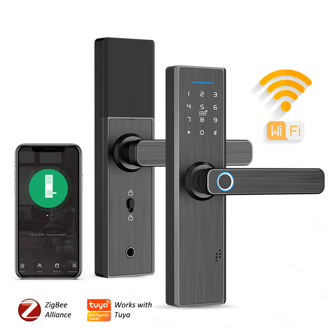 For Smart Security Wood & Aluminum Door Lock with Tuya/TTLock APP Wi-Fi Password 300 User Capacity