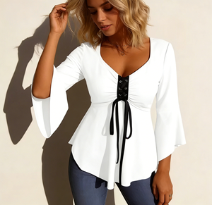 Blusa Elegante para Mujer con Cuello en V, Mangas Campana, Cierre de Cordones, Ecológica, para Primavera/Otoño, Uso Diario - Product Image 6