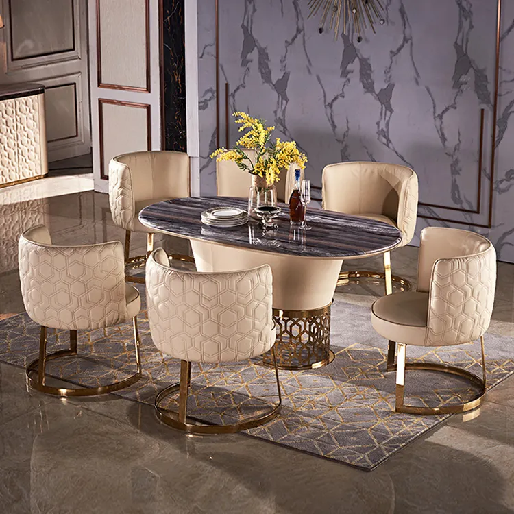 Mobiliário da sala de jantar italiana, aço inoxidável, oval, mesa de jantar, conjuntos de 6 cadeiras, moderno, mármore, mesa de jantar