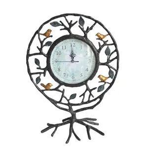 Reloj de mesa de marco redondo con Rama de pájaro de hierro fundido para decoración, reloj de escritorio de mesa de oficina